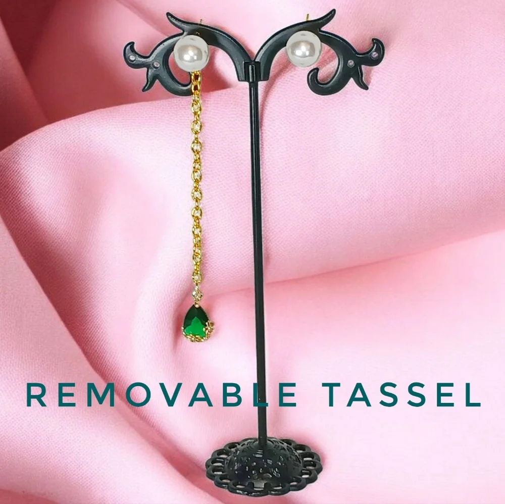 Gold Pearl Stud Earrings Linear Drop Emerald Tear Drop Charms Shoulder Dusters